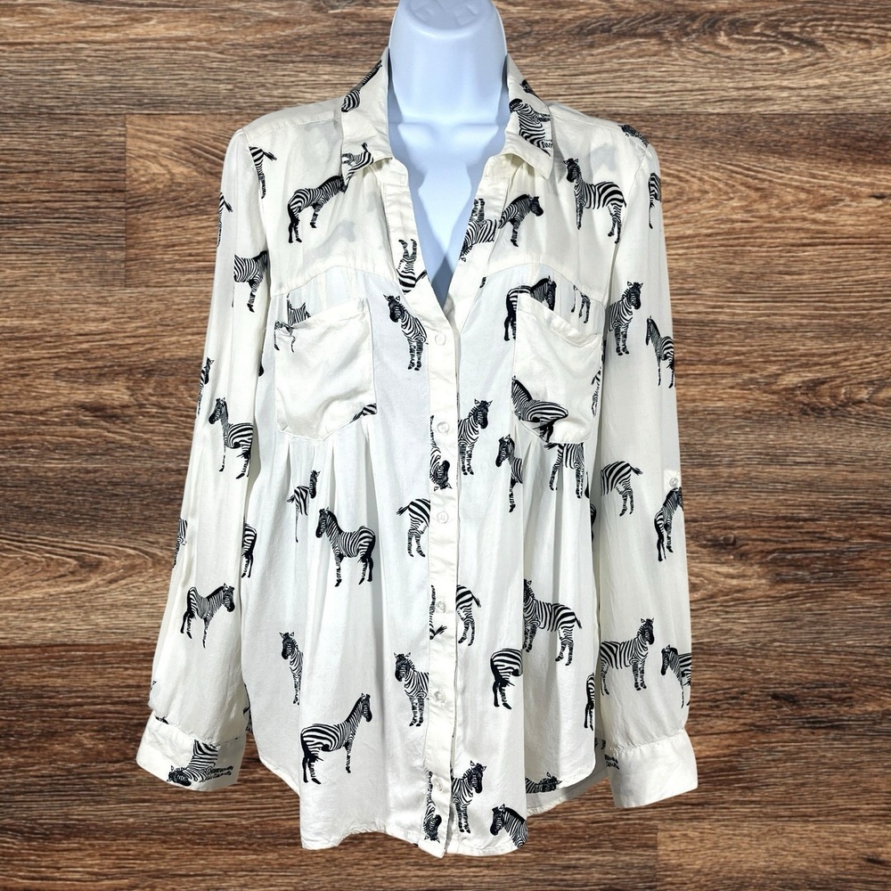 Maeve Anthropologie Zebra Print Top Womens 10 Roll Tab Sleeve Button Up